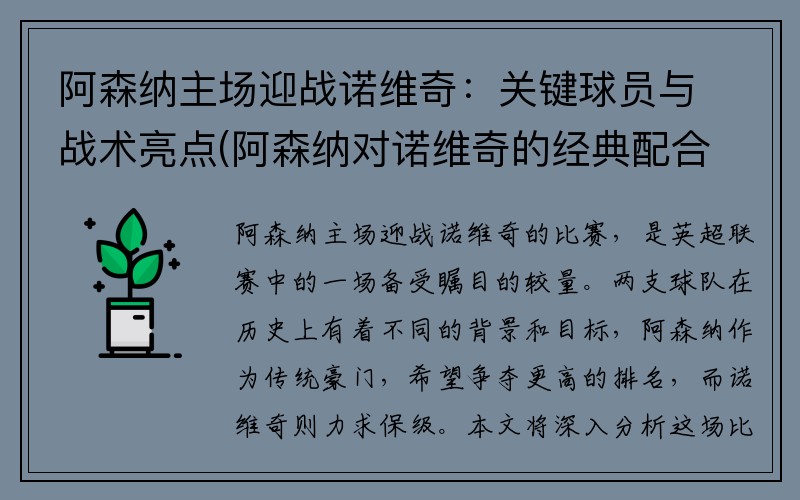 阿森纳主场迎战诺维奇：关键球员与战术亮点(阿森纳对诺维奇的经典配合)