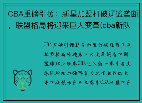 CBA重磅引援：新星加盟打破辽篮垄断，联盟格局将迎来巨大变革(cba新队伍)