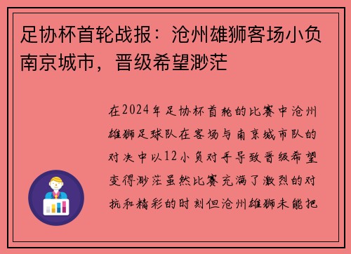 足协杯首轮战报：沧州雄狮客场小负南京城市，晋级希望渺茫